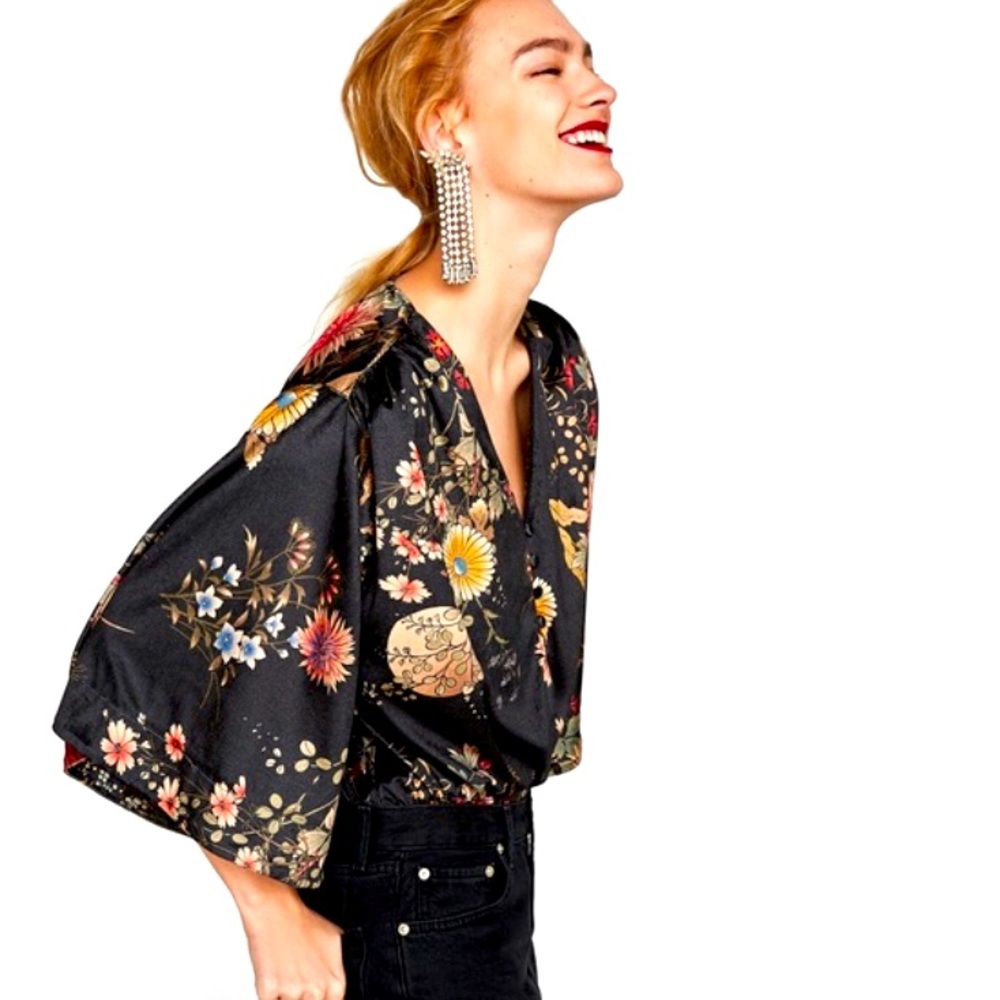 Zara Black Floral Velvet Kimono Bodysuit.
